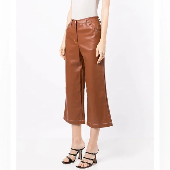 Staud NWOT Cropped Domino Vegan Leather Wide Leg Pant in Whiskey Size 0 - Picture 3 of 16
